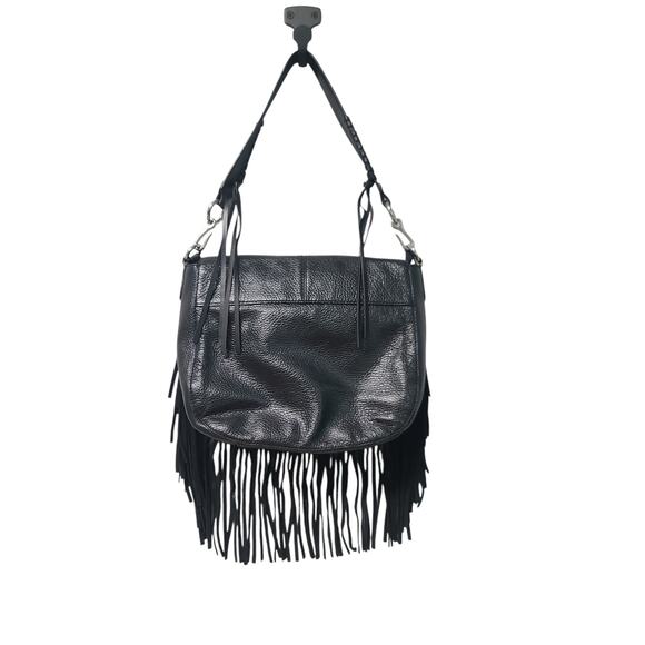Lauren Ralph Lauren Pebble Leather Saddle Fringe Crossbody Bag Black GUC Flap - Picture 2 of 9